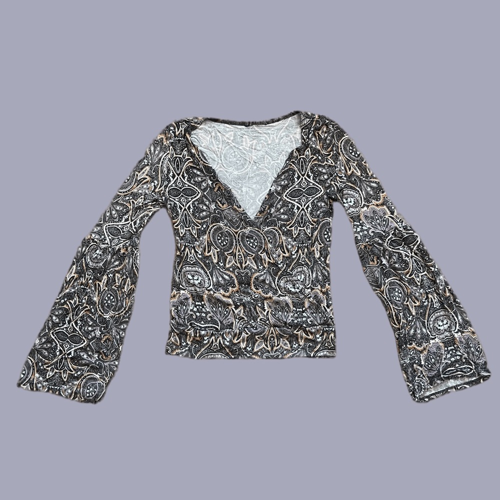 Long sleeve v neck cross top with flared sleeves